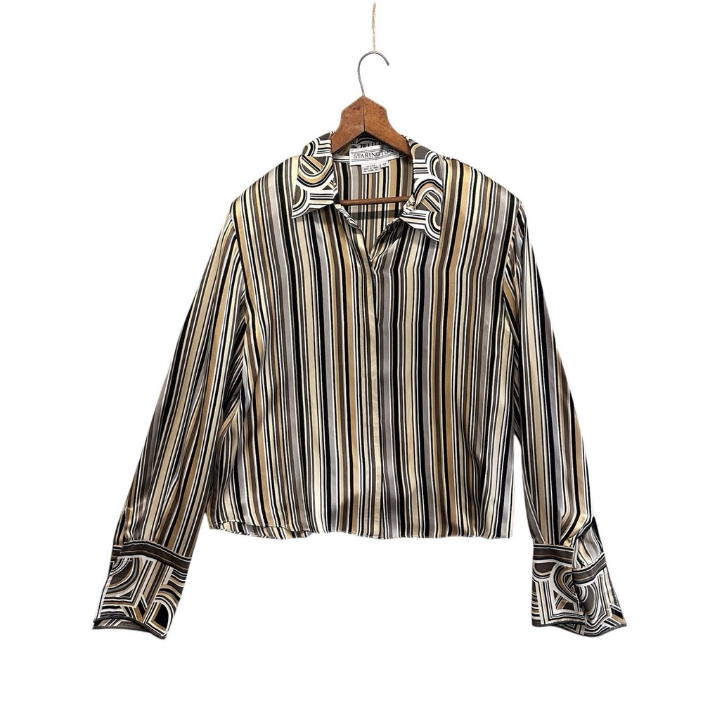 Womens 100% Silk Size 12 Gold Stripes Button Up Bishop Long Sleeve Shirt Quiet‎